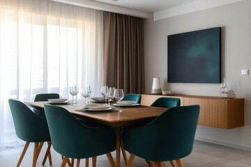 Modern dining room minimalist design dark teal chairs wooden dining table large square canvas on wall
