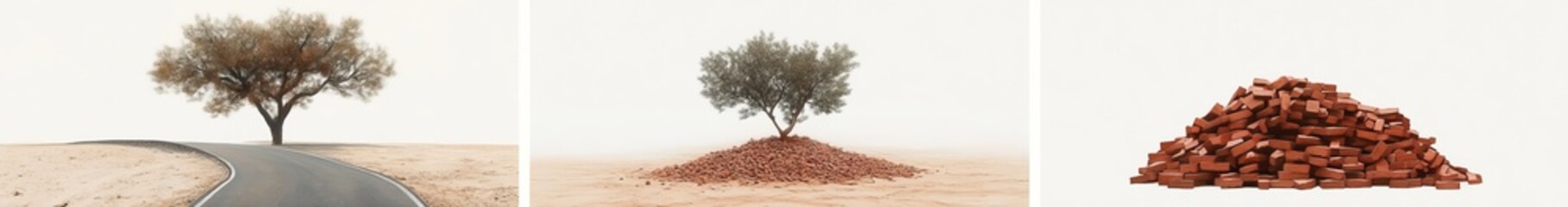 Fototapeta premium Three images lone tree by road, tree on mound, pile of bricks.