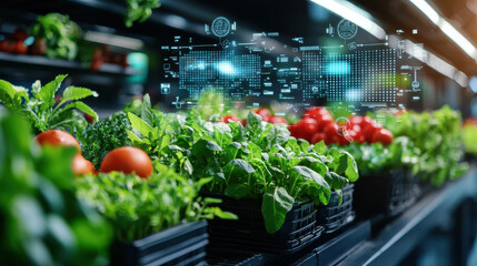High tech farmers market with fresh vegetables and digital interface. vibrant greens and reds showcase modern approach to agriculture and food distribution