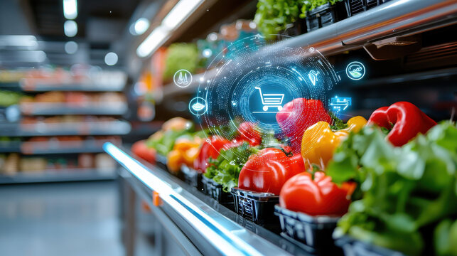 Futuristic supermarket with vibrant vegetables and digital interface. scene showcases modern shopping experience, blending technology and fresh produce seamlessly
