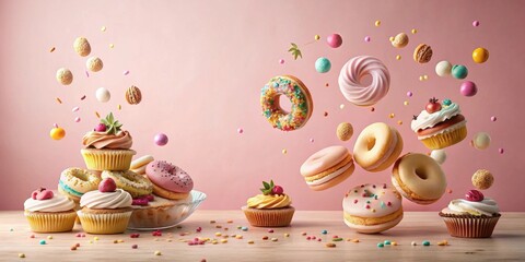 A delightful assortment of sweet treats, including cupcakes and donuts, joyfully floats amidst a shower of colorful sprinkles and confectionery delights on a light wooden surface.