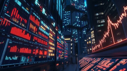 Obraz premium High-tech City Financial District With Vibrant Data Visualizations and Skyscrapers at Night