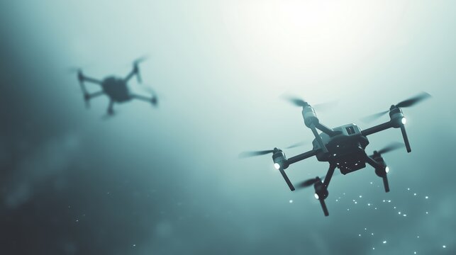 Two small drones with weapons. Futuristic military technology. in the sky. Background is blurry. Minimalist design.