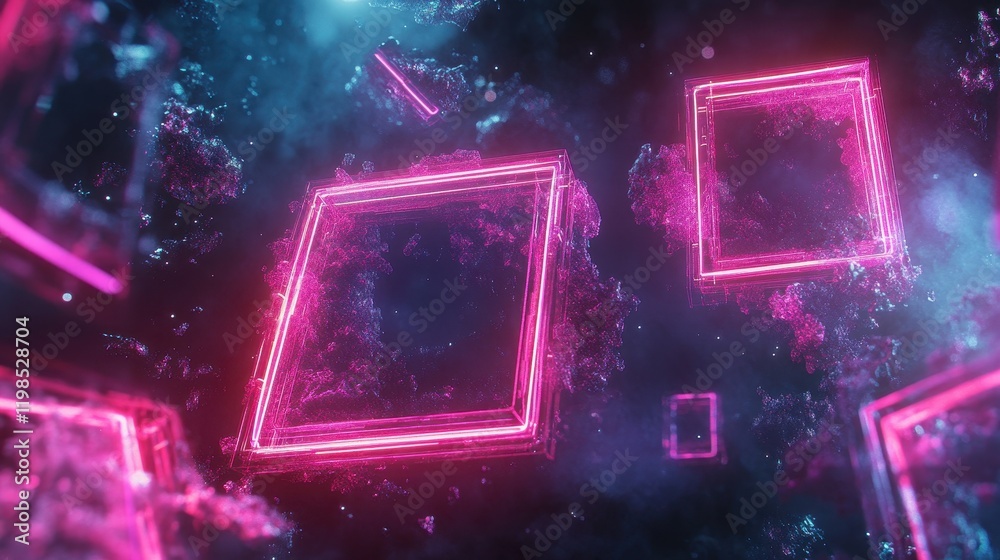 Poster abstract neon pink geometric squares floating in dark space with textured particles, futuristic 3d r
