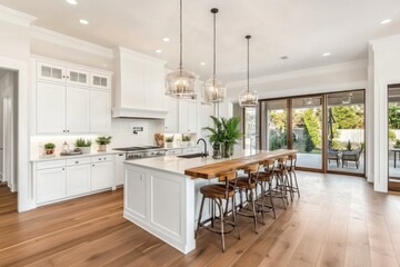 Modern kitchen, bright white cabinetry large central island wooden bar stools