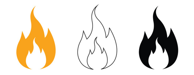 Fire flame icon set isolated on white background, perfect for mobile apps, web design, and UI projects.