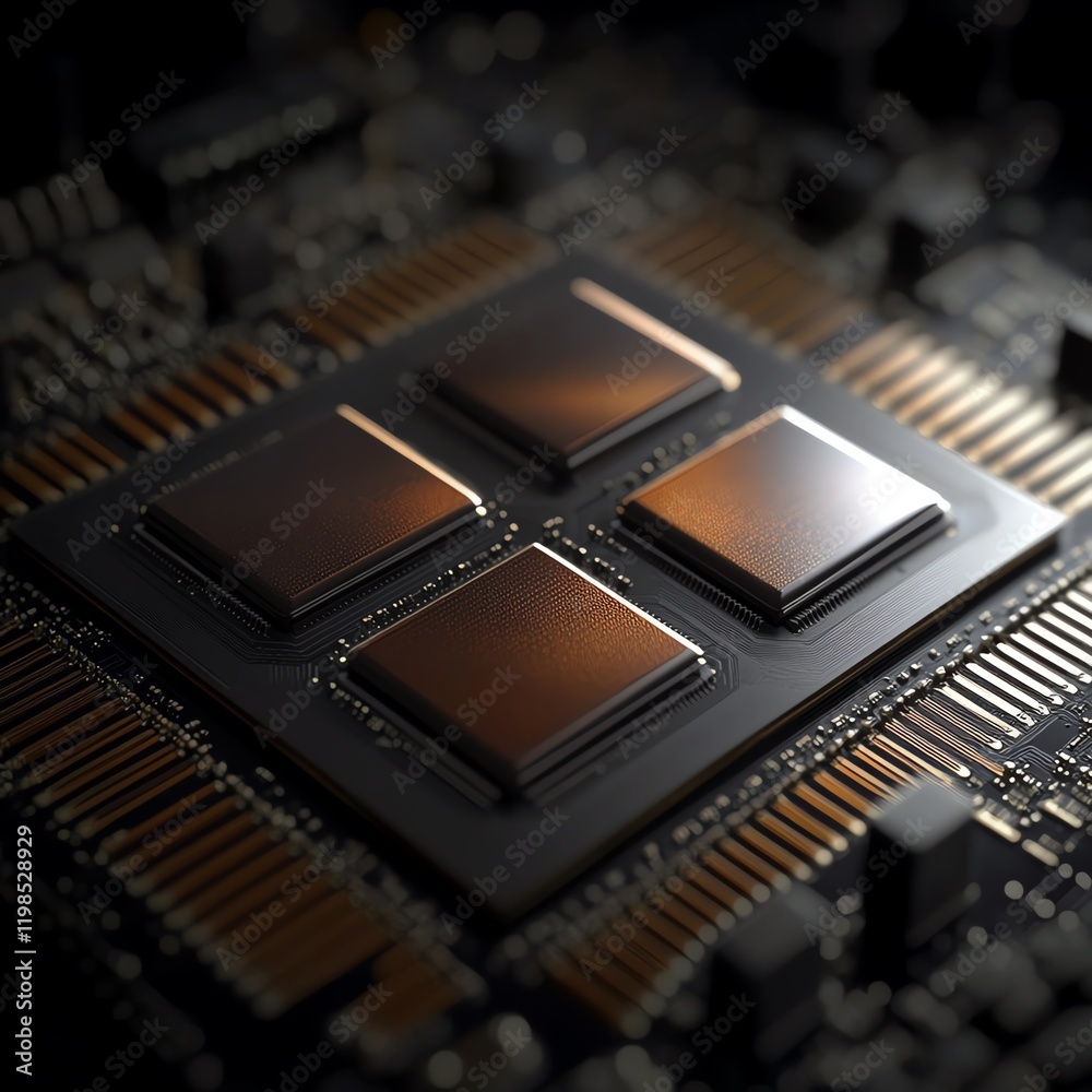 Poster close-up view of a microchip showcasing intricate components and circuit design in a tech environmen