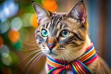 Close-up of Adorable Thai Cat with Big Ribbon, Striped Fur