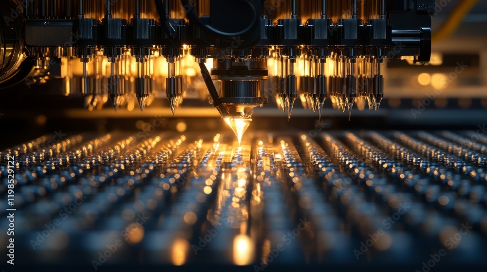 Poster close-up view of the nozzle array in a large format printer, capturing the intricate details and eng