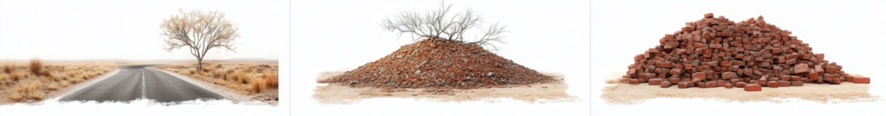 Obraz premium Triptych of desolate landscape, rubble pile, and brick heap.