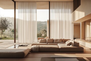 Modern living room minimalist decor beige sofa abstract wall art indoor plants cozy ambiance