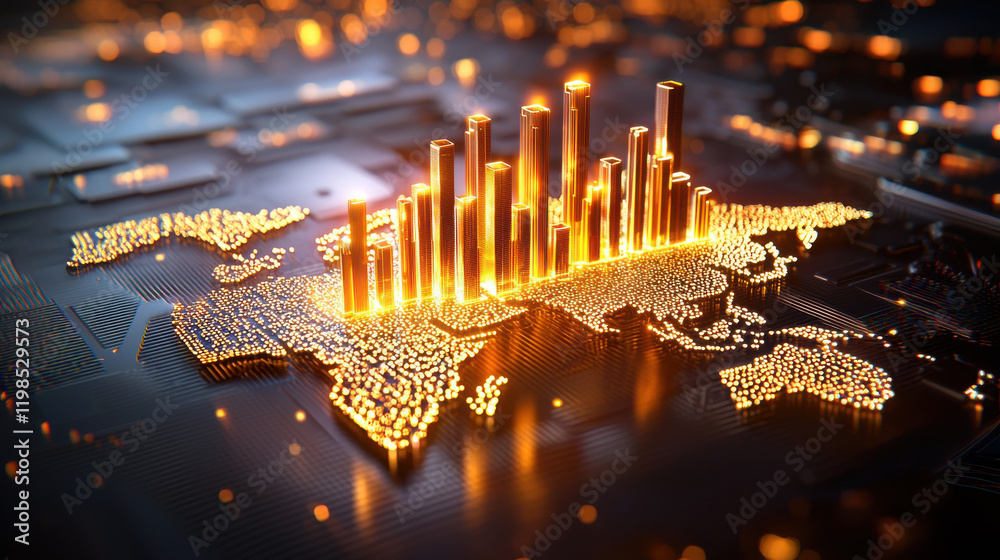 Poster modern artistic depiction of global economic growth with glowing data visualizations over world map.