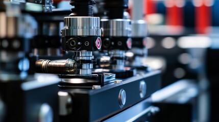 Fototapeta premium Detailed view of a print head in a large format inkjet printer, focusing on the precision nozzles and ink flow system.