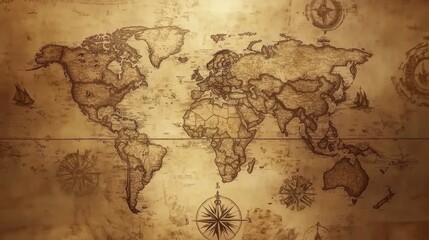 A detailed vintage world map with sepia tones, intricate compass roses, and old-style typography on a textured parchment background