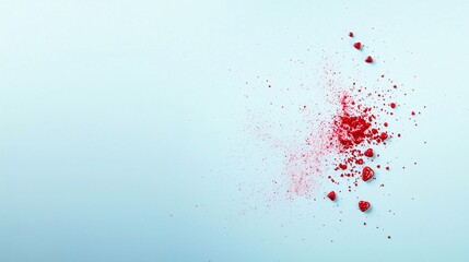 Fototapeta premium Creative Valentine's concept, scattered kiss marks in various red tones on a soft pastel blue background, stock photography style with clean copyspace, romantic and playful atmosphere