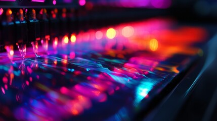 Detailed view of a print head in a large format inkjet printer, focusing on the precision nozzles and ink flow system.