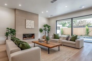 Fototapeta premium Modern living room minimalist design fireplace cozy ambiance light gray sofas green cushions