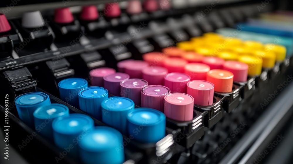 Poster macro photograph of the ink cartridges inside a large format printer, highlighting the color-coding 