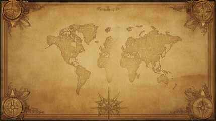 A detailed vintage world map with sepia tones, intricate compass roses, and old-style typography on a textured parchment background