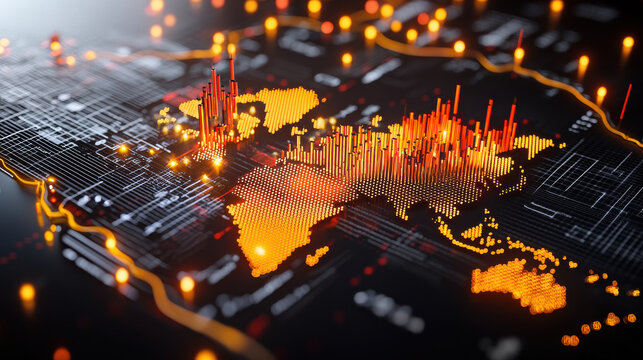 sleek artistic representation of financial globalization, showcasing world map with vibrant data visualizations orange and yellow tones. intricate design highlights global connections and economic - Powered by Adobe