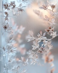 Fototapeta premium Delicate Frosted Leaves on Glass, Abstract Winter Pattern.