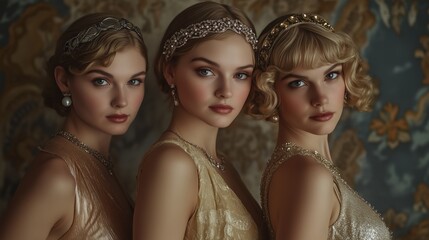 A lifelike photograph of three women in 1930s-style evening gowns, wearing fine jewelry around their necks