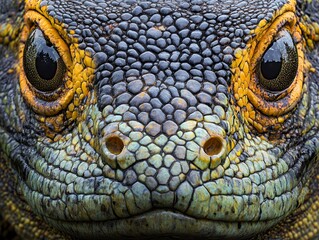 A detailed macro shot of a Komodo dragon, showcasing its intricate scales and intense gaze. The image's vibrant colors and textures make it visually striking.