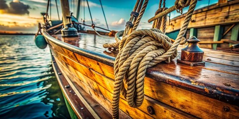 Obraz premium Close-up of weathered sailboat bow, nautical rope detail, aged wood texture, documentary photography style.