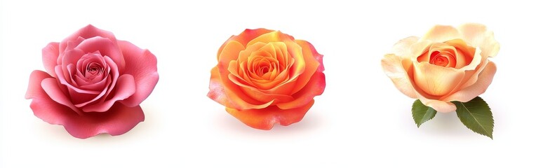 Three roses of different colors isolated on white background. (2)