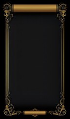 Elegant gold frame, scroll design, black background, ideal for text overlay, certificate template