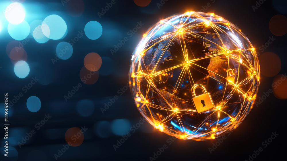 Poster visually striking image of glowing globe with interconnected lines and padlock symbolizing security and connectivity. vibrant colors create captivating atmosphere