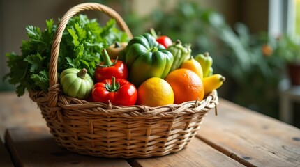 A straw basket brimming with fresh vegetables and fruits on a rustic wooden table, illuminated by warm natural light in a farm-to-table setting.