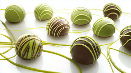 Obraz premium Delicious chocolate truffles arranged beautifully with green accents on a white surface during a culinary presentation