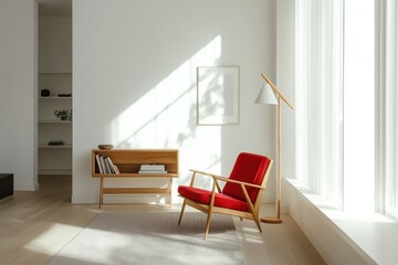 Modern minimalist interior bright natural light wooden furniture red armchair white walls