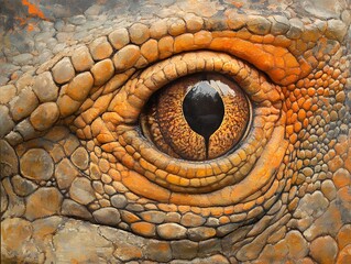 A detailed close-up of a reptile's eye, showcasing its intricate scaly skin and intense gaze.