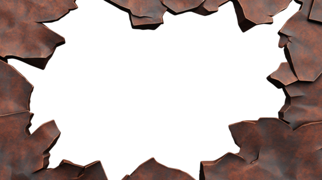 Rusted metal frame with jagged edges and blank transparent center space