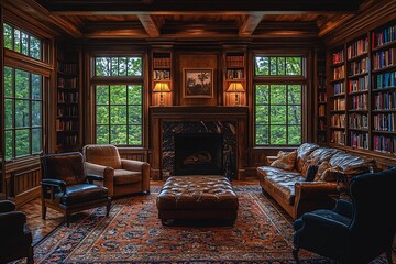 A tranquil library filled with leather furniture and bookshelves, featuring a fireplace and large windows overlooking lush greenery.
