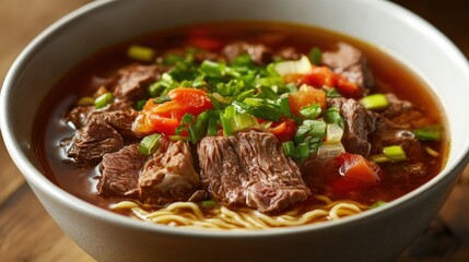 Tasty beef soup with a bowl on wooden table