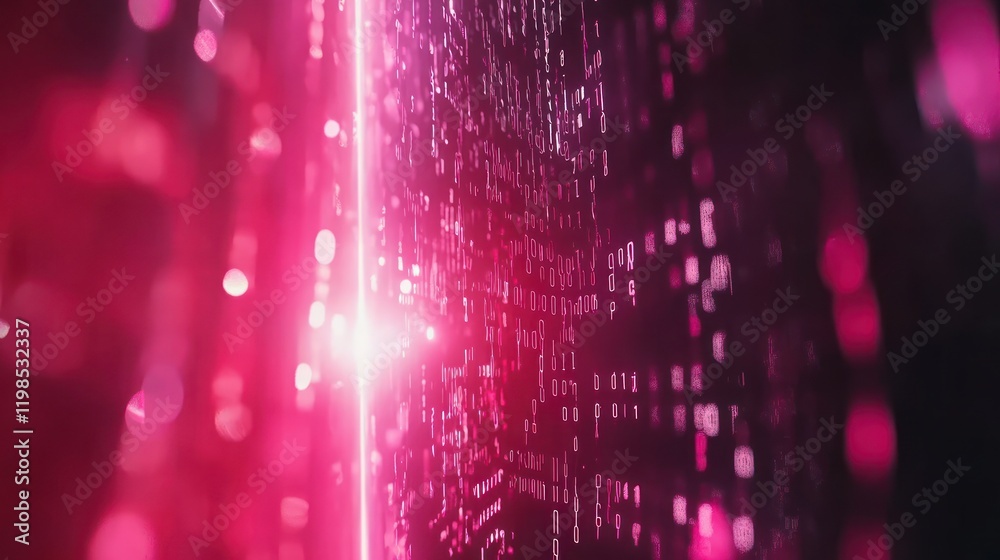 Poster abstract digital data stream: pink binary code flowing through cyberspace