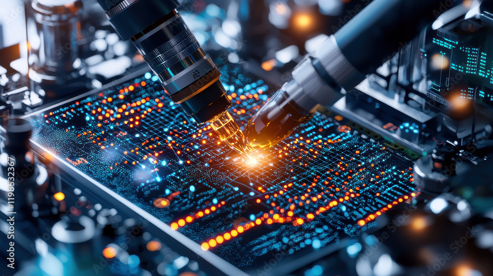 Poster close up view of biotechnology lab showcasing advanced experiments with intricate circuits and glowing data patterns. scene highlights precision and innovation in technology