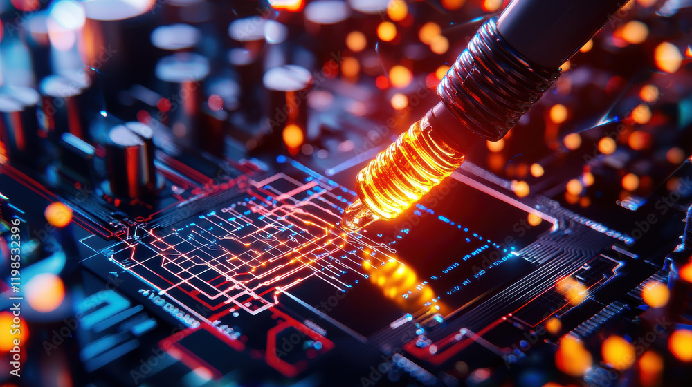 Fototapete close up view of futuristic circuit board with glowing elements, showcasing advanced technology and 