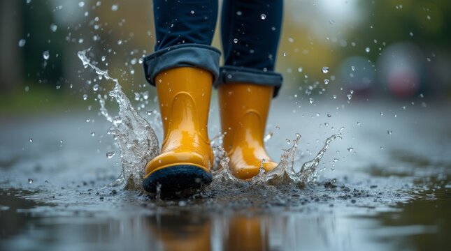 Close-up of rain boots splashing in a puddle, water droplets captured mid-air