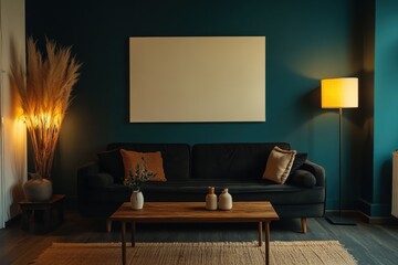 Modern minimalist living room dark teal walls elegant dark sofa wooden coffee tables