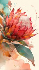 Fototapeta premium Watercolor Painting of a Red King Protea Flower with Abstract Background