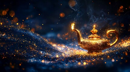 Fototapeta premium A magical golden lamp sits on sparkling glitter, smoke and fire rising from it. Arabian Nights vibes.