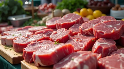 Raw local meat cuts displayed on a butcher's stall at an outdoor farmers' market under bright daylight, fresh and ready for customers in a natural setting.