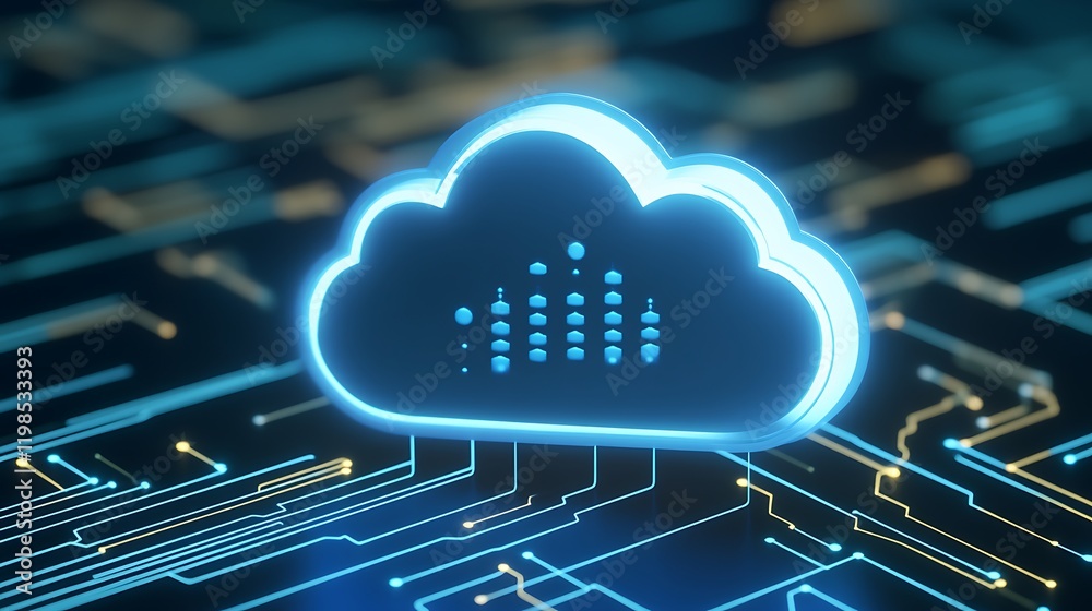 Poster abstract representation of cloud computing technology with digital sound wave patterns in a futurist