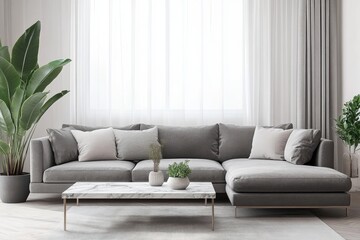 Modern minimalist living room gray sofa with green cushions sleek light wood coffee table