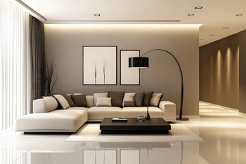 Modern minimalist living room neutral color palette white modular sofa wooden paneled walls open shelf alcove decorative items