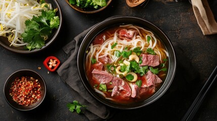 Top view of delicious beef soup